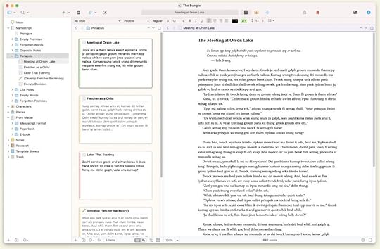 Screenshot of q Scrivener Example. To the left is a column with all the documents linked to your current writing project, including your draft, and all your research and other worldbuilding materials. The second column shows you the flashcards in your currently selected folder (for example, if you separate your book in parts), each with summaries you can put in in terms of what story elements are to be inserted there.The final column, and the biggest one, shows the detailed writing document where you can enter your details (either your actual written scene, or where you write down your worldbuilding info, like your character information, for instance).