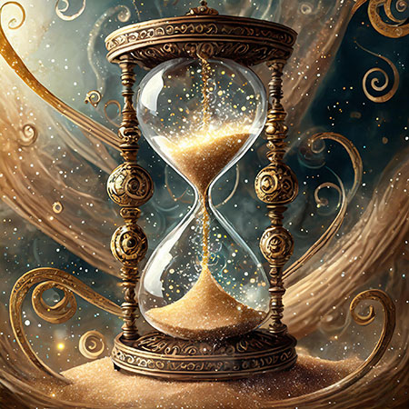 steampunk-style hourglass, with swirly twinkly sand in the background