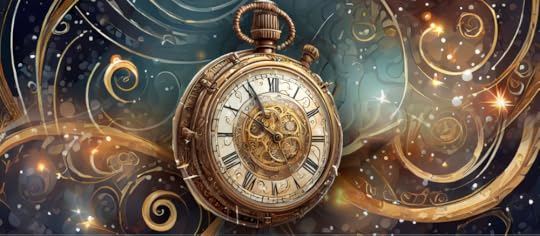 a very detailed steampunk-style stopwatch with roman numerals and swirly blue and gold background