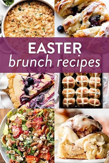 graphic collage of Easter brunch recipes including ham and potato casserole, blueberry cream cheese braid, lemon blueberry tart, strawberry bacon salad, and hot cross buns.