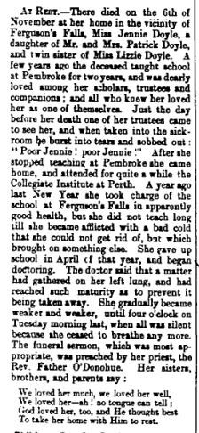 Ferguson Falls teacher dies Nov 16 1888 p 8