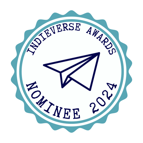 The 2024 Indieverse Awards logo of a white round circle with an aqua circle border and wavy aqua border. There’s a navy blue outline of a paper airplane in the centre.