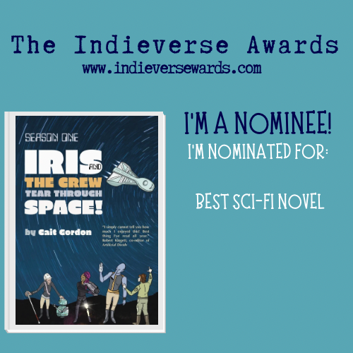 The advert has an aqua background, and it shows the cover of my book and shows which category I’m nominated in.