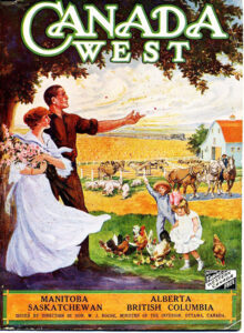 poster illustration of farm couple, propaganda by Canadian Government