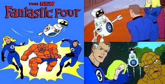 The main characters of the 1978 New Fantastic Four cartoon, including H.E.R.B.I.E. the robot.