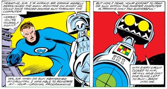 H.E.R.B.I.E. expalains to Mr. Fantastic how his body was used by an alien villain.