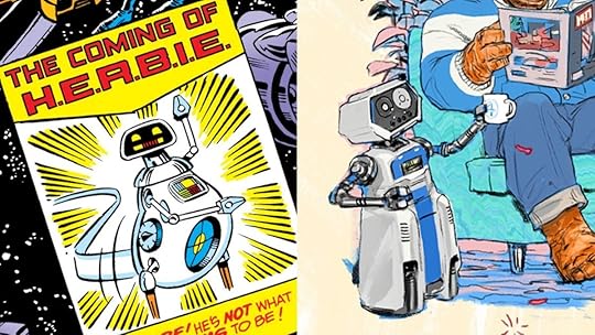 H.E.R.B.I.E. the robot, as he appears in Fantastic Four #209, his first appearance, and in the cast announcement poster for the Fantastic Four film.
