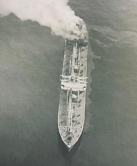 Merchant ship on fire in the Mediterranean Sea