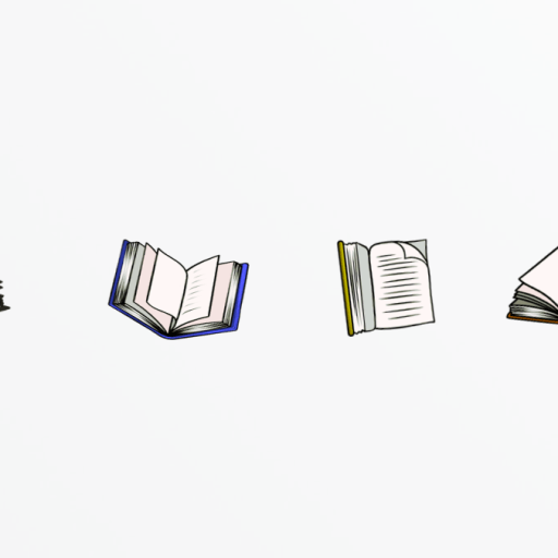 Row of four tiny books across a white background