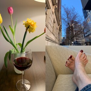 Collage of flowers and wine; a tree; pedicure