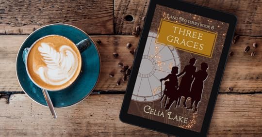 The cover of Three Graces has three women in silhouette, two standing and one sitting, her hand resting on a cane. All three are wearing clothes from during the Second World War, against a deep brown cover with a map. An astrology chart to the back left has the Moon and Venus picked out in brighter gold.