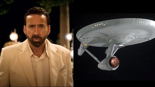 Nicolas Cage in the Ubearable Weight of Massive Talent (L) and the iconic Enterprise from Star Trek (R)