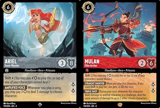 Side by side collage of Floodborn Ariel and Floodborn Mulan cards from Disney Lorcana: Ursula's Return