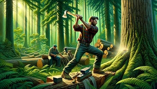 AI-generated image of a lumberjack chopping a tree. Full prompt 