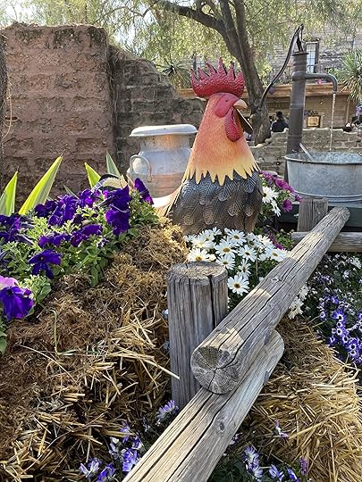 large rooster character is colorful amongst the flowers at Knott's Berry Farm