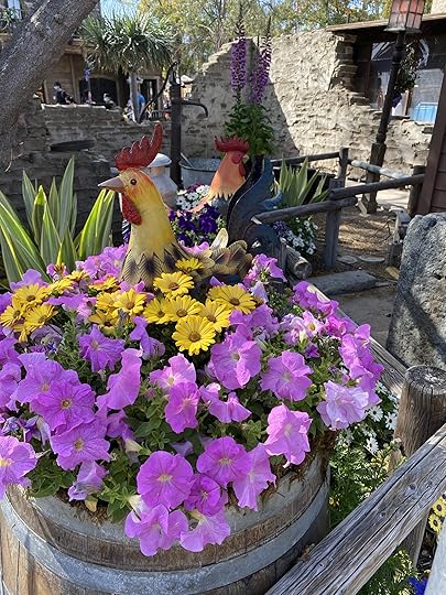 Roosters hiding in the flowers at Knott's Berry Farm
