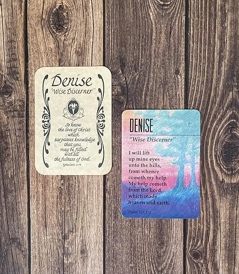 Two name cards on top of wood background. Name is Denise is a Wise Discerner