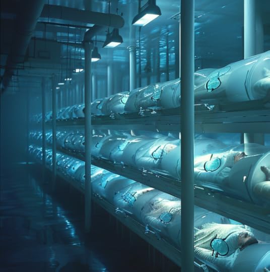 A high tech warehouse building with rows of cryogenic sleeping tubes, sleepers dreaming peacefully. Image by Anita Sullivan created with Midjourney
