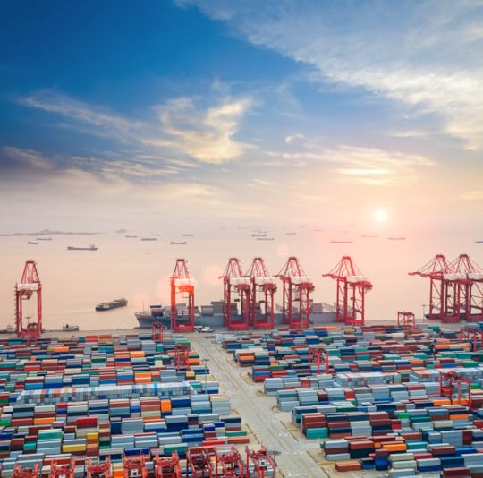 Container port with red cranes, fields of multi-coloured containers, and containers ships out at sea, going to the horizon
