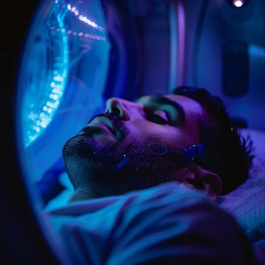 An Indian man in his thirties sleeps peacefully in a cryogenic tube, blue lit. Image by Anita Sullivan created with Midjourney