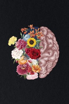 This may contain: a painting of a brain with flowers on it