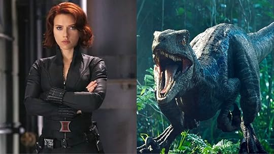 Scarlett Johansson and dino from Jurassic World