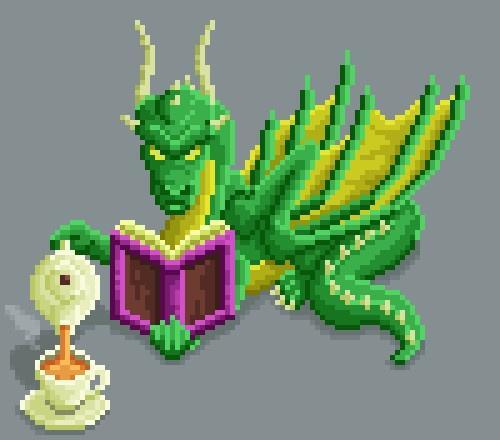 pixel art image of a dragon reading a book and pouring a cup of tea