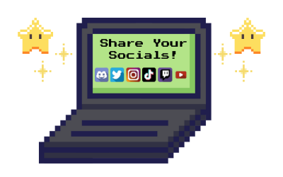 Pixelated computer screen with the words share your socials on the screen