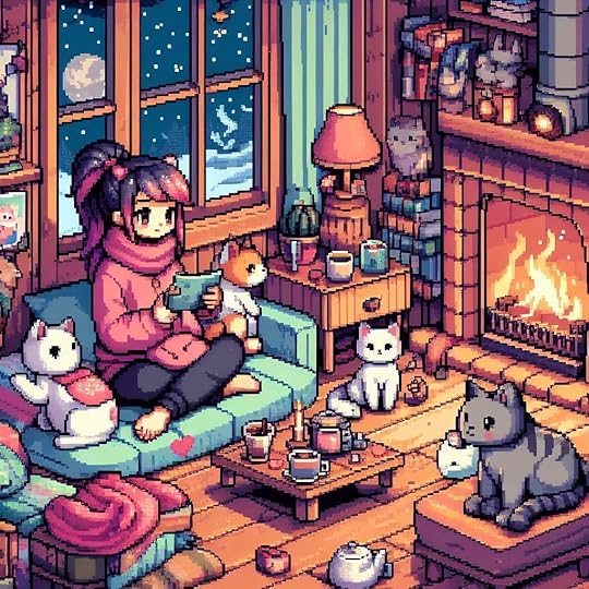 pixel art girl reading on the couch in a log cab style room with lots of cats and books everywhere