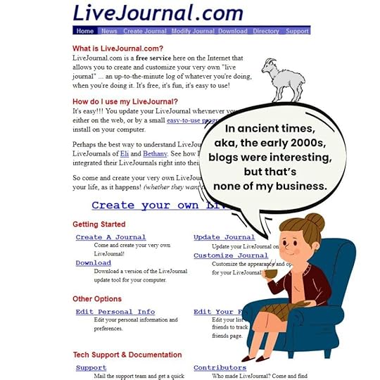 Screen shot of LiveJournal web page with an old lady saying, 