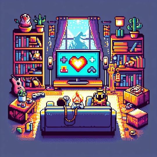 pixel art image of two people sitting on a couch playing video games together