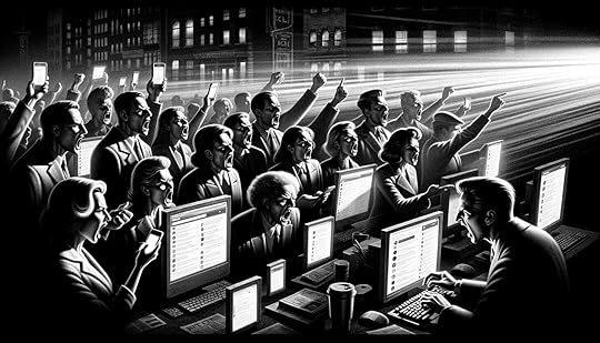 Transform the depiction of people expressing anger and frustration on the internet into a film noir style. Visualize this scene as if it's a frame from a classic noir film, with a dramatic interplay of light and shadow. The avatars are now stylized in monochrome, reflecting the era's iconic black-and-white aesthetic. Their expressions of anger and frustration are illuminated by harsh, directional light, casting long, ominous shadows that contribute to the scene's moody atmosphere. The digital realm takes on a more abstract, gritty texture, reminiscent of the urban landscapes typical in film noir. Social media icons, chat boxes, and pop-up windows are subtly integrated, appearing as vintage equivalents, such as newspapers, letters, and telephones, maintaining the internet argument context in a stylistically coherent, noir-themed digital world.