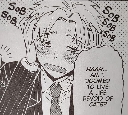 despondent character grabs his head and cries, 'Haah... Am I doomed to live a life devoid of cats?'