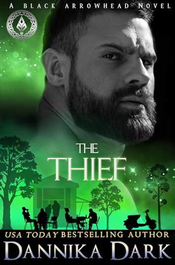 Handsome and tough bearded man gazing over his shoulder, green fog surrounding him. Silhouette at bottom of outdoor patrons, trees, and a scooter
