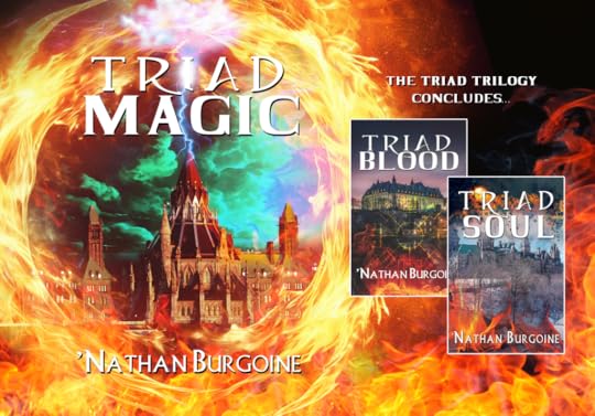 The cover art of Triad Magic by 'Nathan Burgoine takes up half the image, and to the other half text reads
