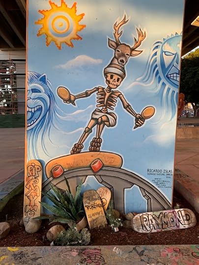 Deer Dancer Skull Skateboarder grinding the Coronado Bridge mural by Ricardo Islas. 
