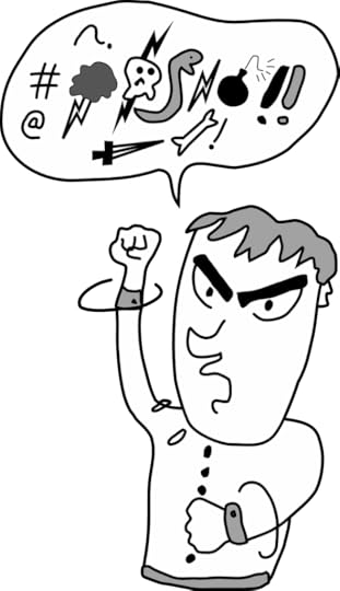 Angry cartoon character in black and white shaking his fist in the air and with a dialogue bubble filled with symbols connoting cuss words