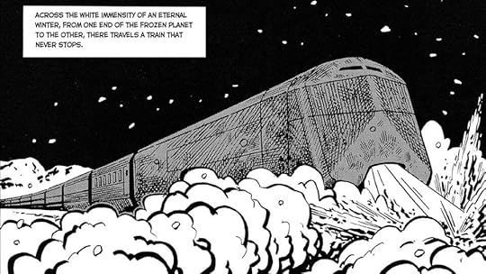 A panel from the Snowpiercer graphic novel, depicting a train that never stops moving, in a frozen landscape. Snowpiercer is probably the most famous story about geoengineering gone wrong.
