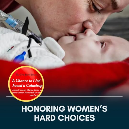 screenshot of the NYT essay cover, which is a close-up view of Ashlee Wiseman, bending down to kiss her daughter, Lennie, who is lying on a red blanket. A circle graphic on the left contains the following words on a red background: 