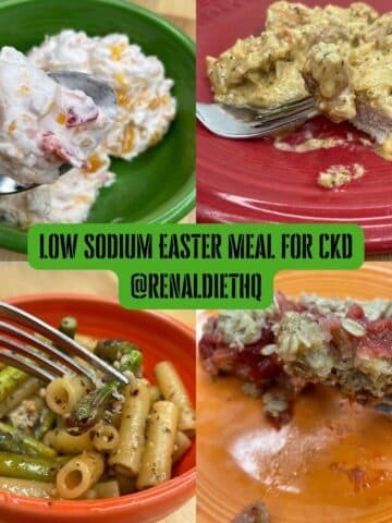 collage of the Easter meal of orange salad, pork tenderloins, pasta with asparagus and strawberry rhubarb bars