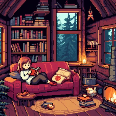Pixel art of a girl reading a book on the couch.