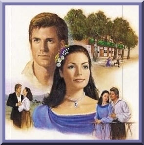 A collage of romantic illustrations of a dark haired woman and a sandy haired man