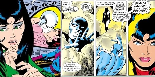 The Silver Surfer hallucinates seeing his lost love Shalla-Bal in the pages of Marvel Comics.