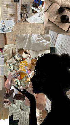 This may contain: a collage of images with books and papers