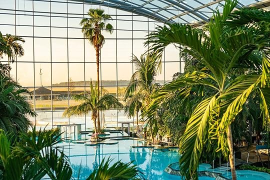 Palm trees and windows at indoor pool at Therme Bucuresti