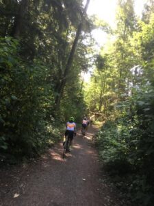 Cyclists riding on a wooded trail