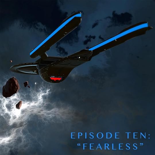 An excelsior-class starship approaches what appears to be a white rift in space. Text beneath reads: Episode Ten: