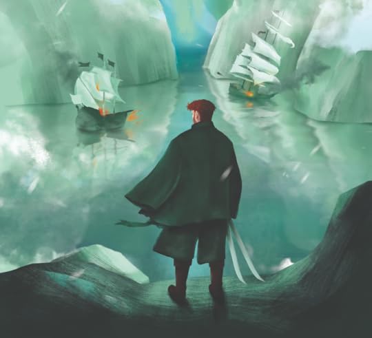 Image of a character from Dynasty Codes, Gora, for a fantasy character spotlight. Gora staring at two ships battling on the sea.