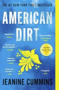 Book cover for American Dirt by Jeanine Cummins. A blue cover with a yellow bird emblem on it.