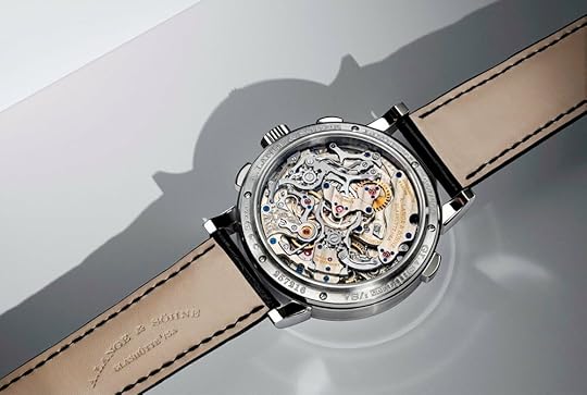 The complicated mechanism of the 1815 Rattrapante is visible on the back of the case, through a sapphire crystal.